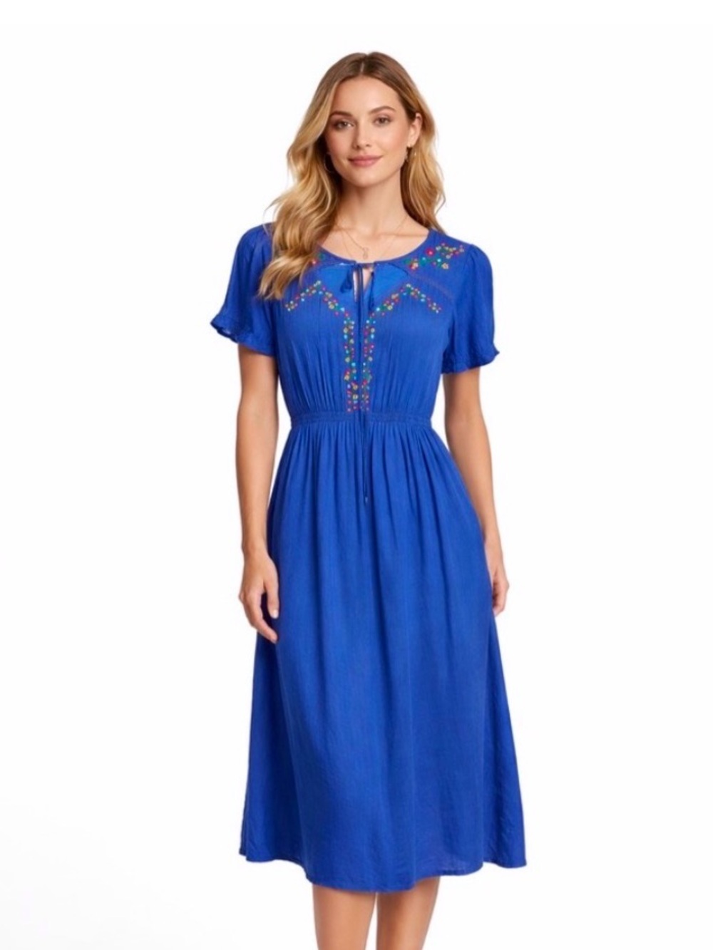 Hayden Blue Embroidered Tie-Front Midi Dress